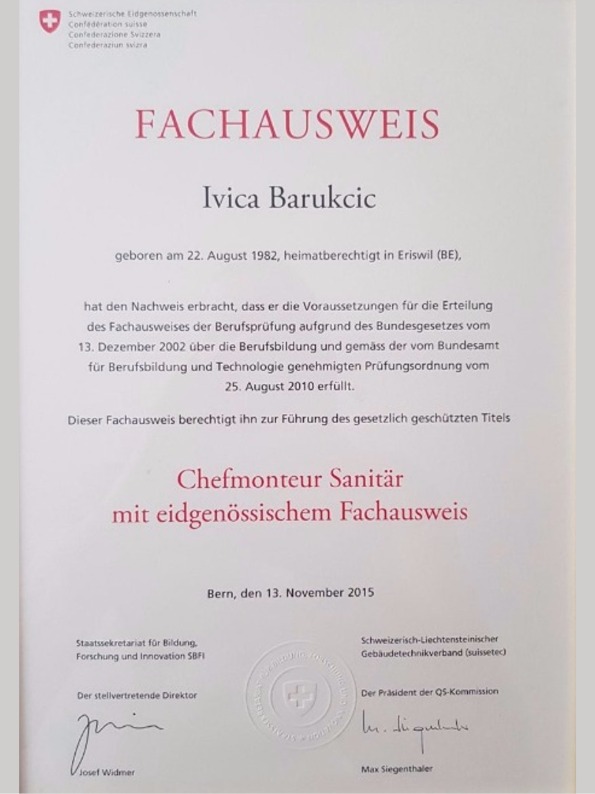 Zertifikat Sanitär Chefmonteur Zertifikat Sanitär Chefmonteur
